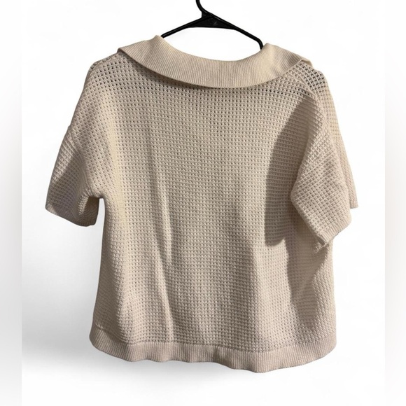 LOFT White Open Stitch Short Sleeve Polo Sweater Knit Top Large - Picture 5 of 10